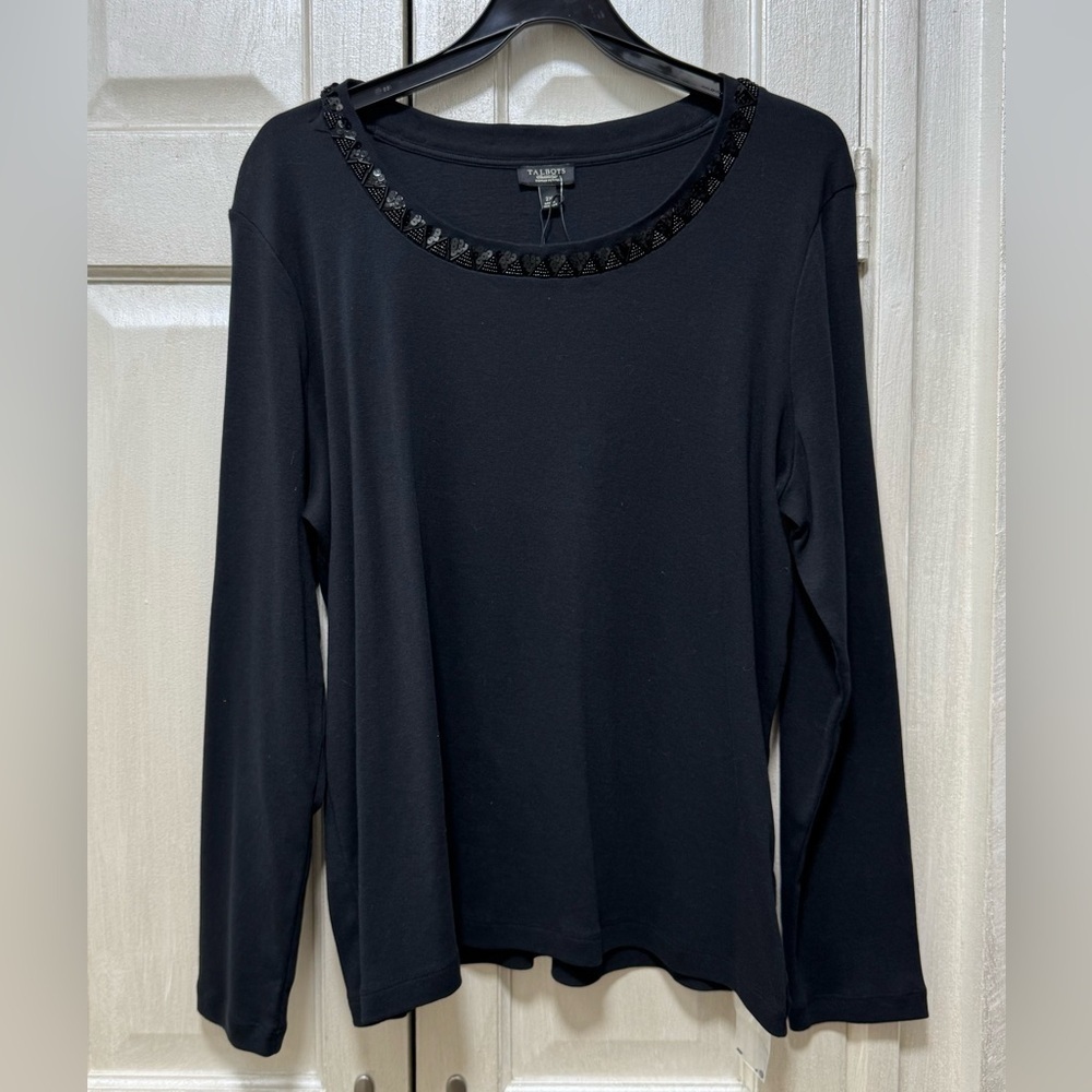Talbots Women Petite 2X Black Cotton Long Sleeve T-Shirt Sequins/Beads Crew Neck